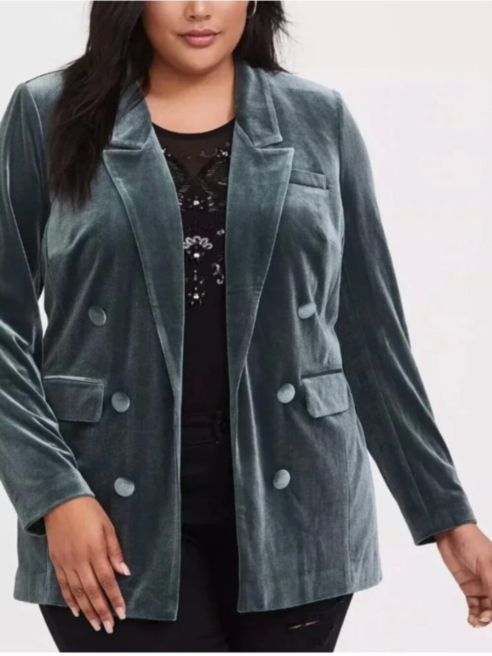 Torrid Blazer Double Breasted Velvet Boyfriend Notch Collar Jacket Green Plus 2X